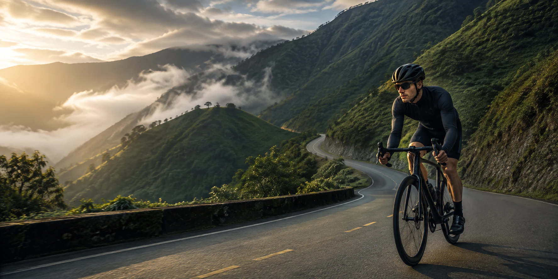 Ciclista de ruta en una carretera de montaña